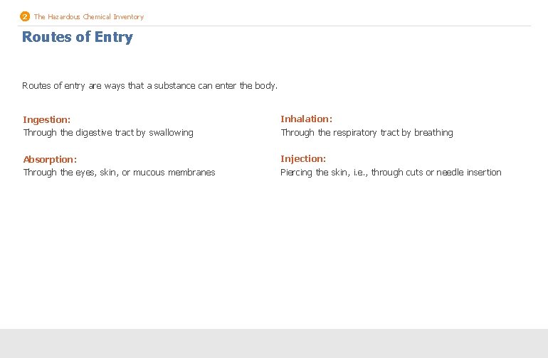 2 The Hazardous Chemical Inventory Routes of Entry Routes of entry are ways that