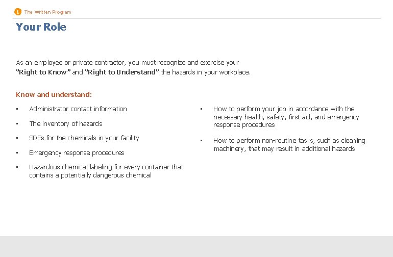1 The Written Program Your Role As an employee or private contractor, you must