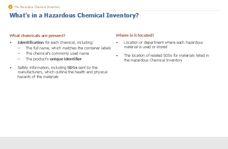 2 The Hazardous Chemical Inventory What’s in a Hazardous Chemical Inventory? What chemicals are