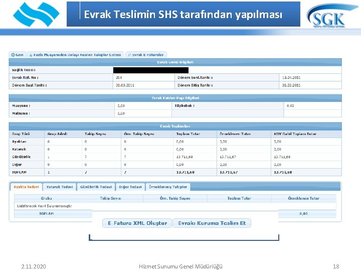 Evrak Teslimin SHS tarafından yapılması 2. 11. 2020 Hizmet Sunumu Genel Müdürlüğü 18 