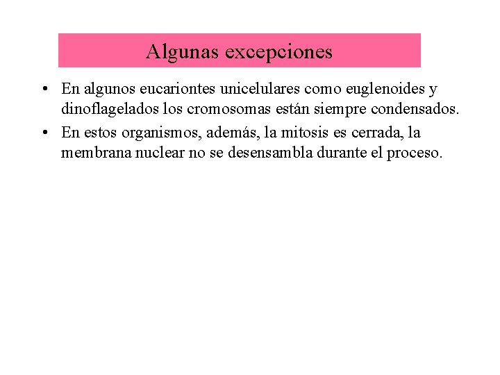 Algunas excepciones • En algunos eucariontes unicelulares como euglenoides y dinoflagelados los cromosomas están