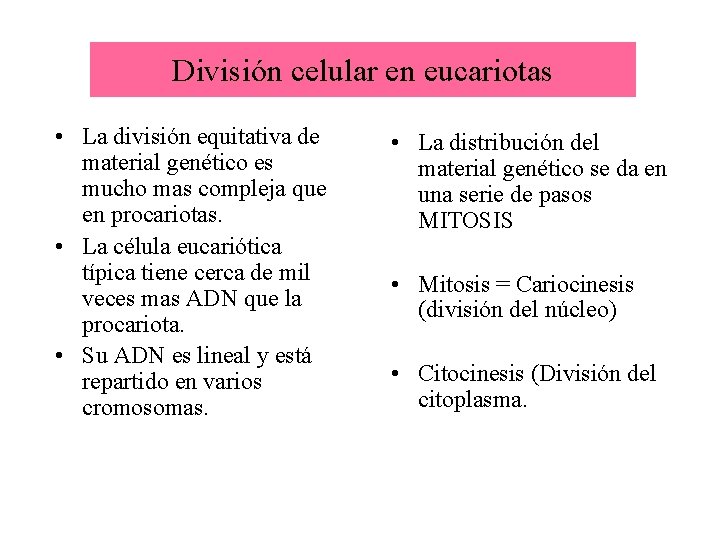 División celular en eucariotas • La división equitativa de material genético es mucho mas