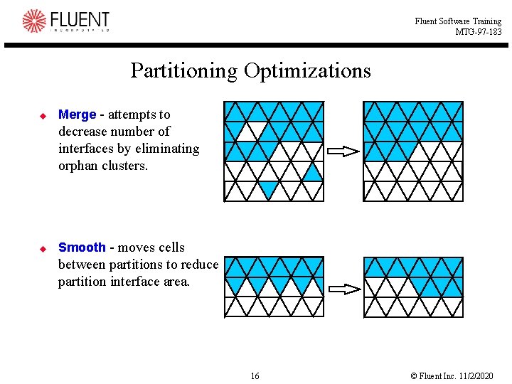 Fluent Software Training MTG-97 -183 Partitioning Optimizations u Merge - attempts to decrease number
