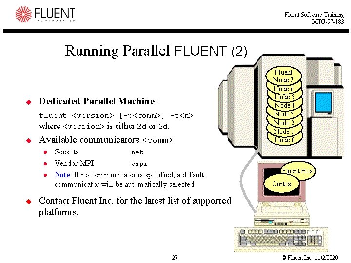 Fluent Software Training MTG-97 -183 Running Parallel FLUENT (2) u Dedicated Parallel Machine: fluent