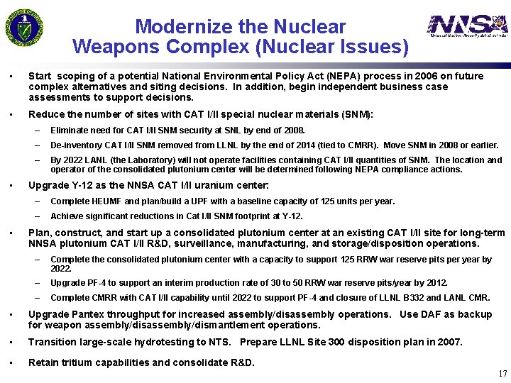 Modernize the Nuclear Weapons Complex (Nuclear Issues) • Start scoping of a potential National