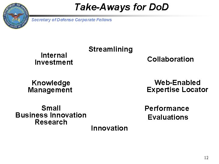 Take-Aways for Do. D Secretary of Defense Corporate Fellows Internal Investment Streamlining Collaboration Web-Enabled