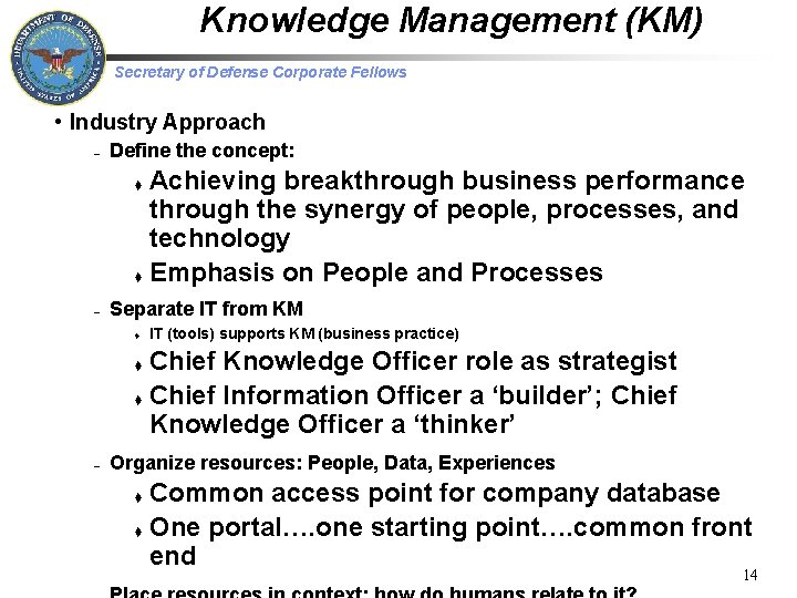 Knowledge Management (KM) Secretary of Defense Corporate Fellows • Industry Approach – Define the