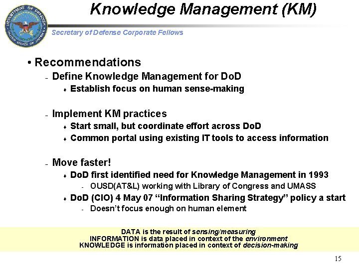 Knowledge Management (KM) Secretary of Defense Corporate Fellows • Recommendations – Define Knowledge Management