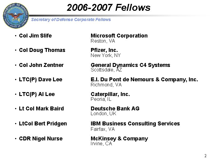 2006 -2007 Fellows Secretary of Defense Corporate Fellows • Col Jim Slife Microsoft Corporation