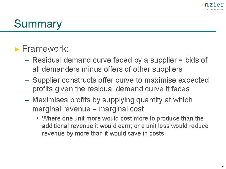 Summary ► Framework: – Residual demand curve faced by a supplier = bids of