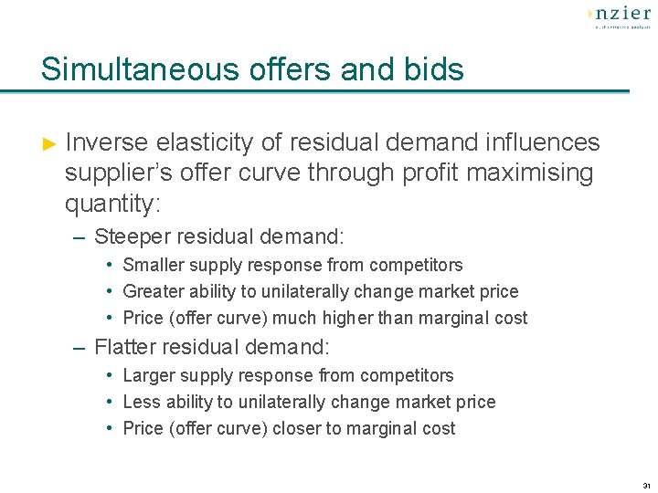 Simultaneous offers and bids ► Inverse elasticity of residual demand influences supplier’s offer curve