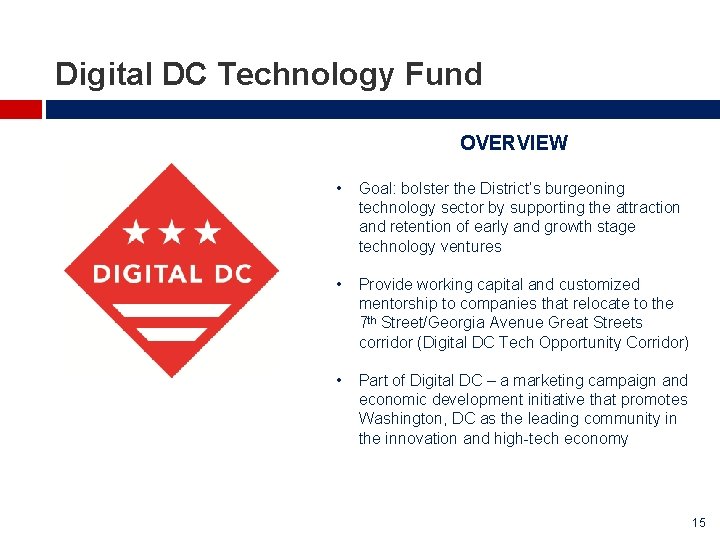 Digital DC Technology Fund OVERVIEW • Goal: bolster the District’s burgeoning technology sector by Digital DC Technology Fund OVERVIEW • Goal: bolster the District’s burgeoning technology sector by
