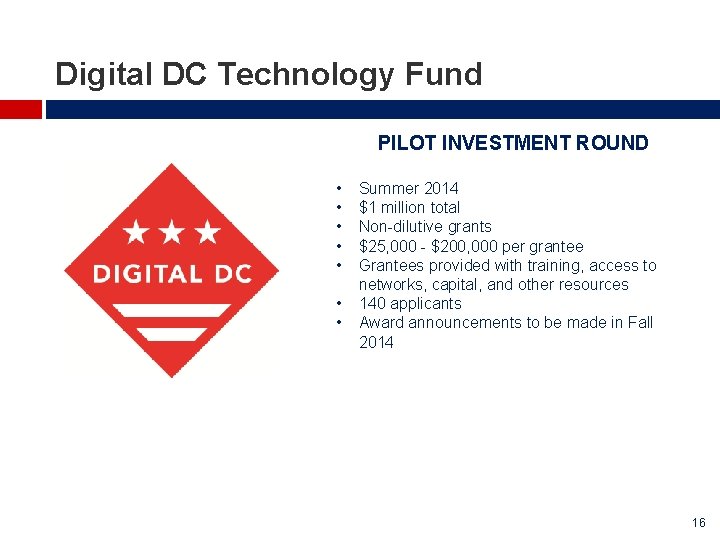 Digital DC Technology Fund PILOT INVESTMENT ROUND • • Summer 2014 $1 million total Digital DC Technology Fund PILOT INVESTMENT ROUND • • Summer 2014 $1 million total