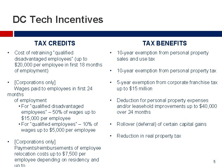 DC Tech Incentives TAX BENEFITS TAX CREDITS • Cost of retraining “qualified disadvantaged employees” DC Tech Incentives TAX BENEFITS TAX CREDITS • Cost of retraining “qualified disadvantaged employees”