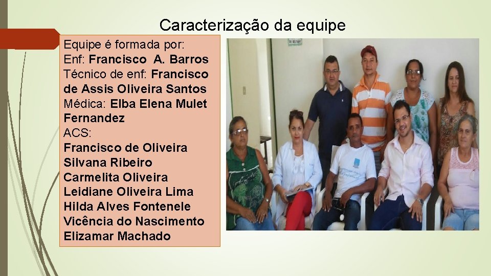 Caracterização da equipe Equipe é formada por: Enf: Francisco A. Barros Técnico de enf: