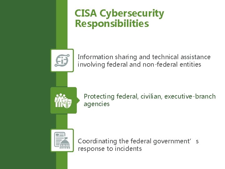 CISA Cybersecurity Responsibilities Information sharing and technical assistance involving federal and non-federal entities Protecting