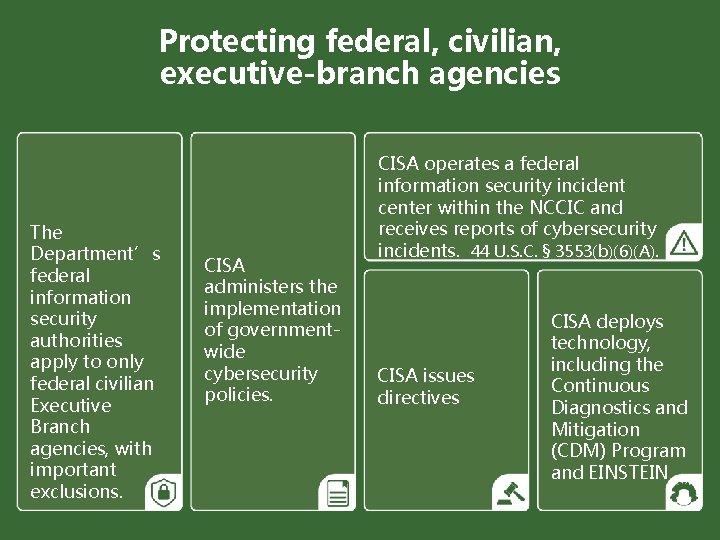 Protecting federal, civilian, executive-branch agencies The Department’s federal information security authorities apply to only