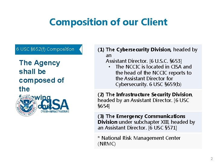 Composition of our Client 6 USC § 652(f) Composition The Agency shall be composed