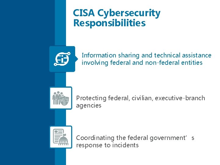 CISA Cybersecurity Responsibilities Information sharing and technical assistance involving federal and non-federal entities Protecting