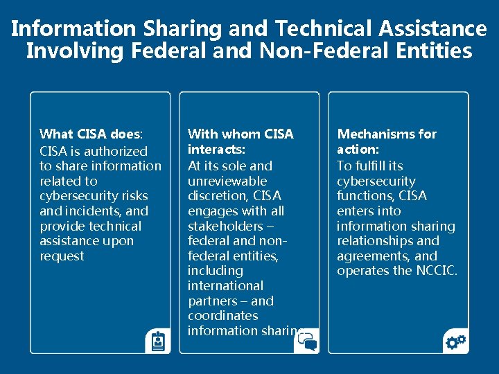 Information Sharing and Technical Assistance Involving Federal and Non-Federal Entities What CISA does: CISA