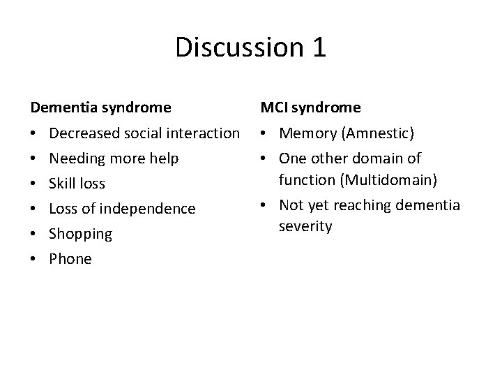 Discussion 1 Dementia syndrome • • • Decreased social interaction Needing more help Skill