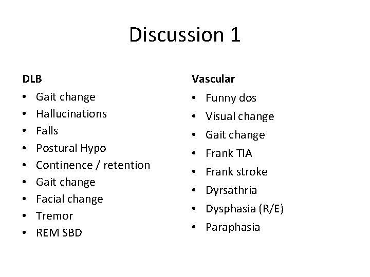 Discussion 1 DLB • Gait change • Hallucinations • Falls • Postural Hypo •