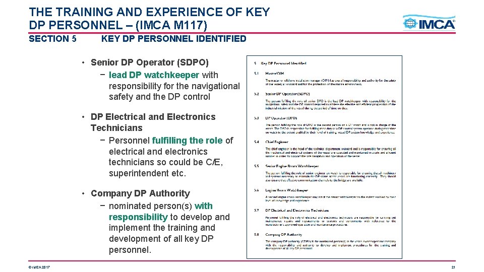 THE TRAINING AND EXPERIENCE OF KEY DP PERSONNEL – (IMCA M 117) SECTION 5