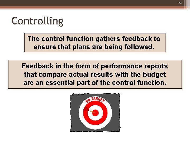 1 -5 Controlling The control function gathers feedback to ensure that plans are being 1 -5 Controlling The control function gathers feedback to ensure that plans are being