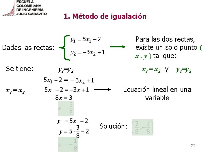 1. Método de igualación Para las dos rectas, existe un solo punto ( x