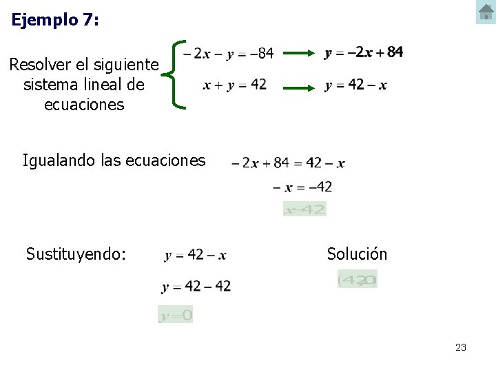 Ejemplo 7: Resolver el siguiente sistema lineal de ecuaciones Igualando las ecuaciones Sustituyendo: Solución