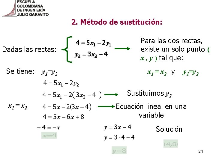 2. Método de sustitución: Dadas las rectas: Se tiene: y 1=y 2 Para las