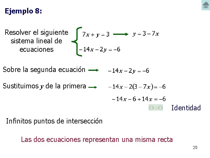 Ejemplo 8: Resolver el siguiente sistema lineal de ecuaciones Sobre la segunda ecuación Sustituimos