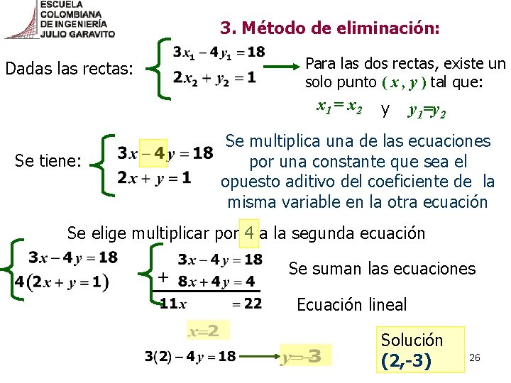 3. Método de eliminación: Para las dos rectas, existe un solo punto ( x