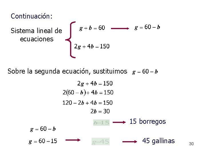 Continuación: Sistema lineal de ecuaciones Sobre la segunda ecuación, sustituimos 15 borregos 45 gallinas