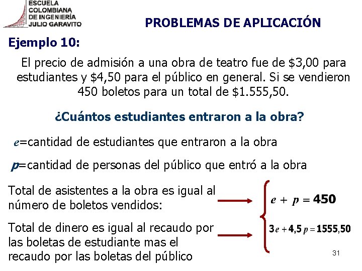 PROBLEMAS DE APLICACIÓN Ejemplo 10: El precio de admisión a una obra de teatro