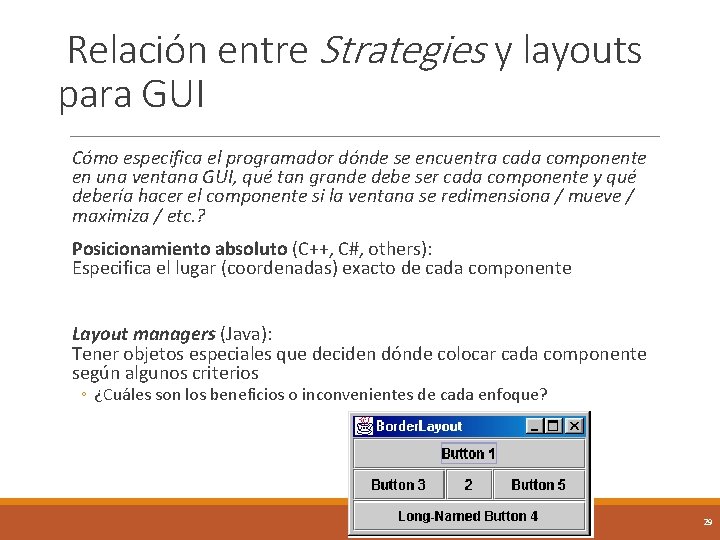 Relación entre Strategies y layouts para GUI Cómo especifica el programador dónde se encuentra