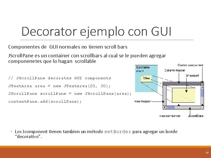 Decorator ejemplo con GUI Componentes de GUI normales no tienen scroll bars JScroll. Pane