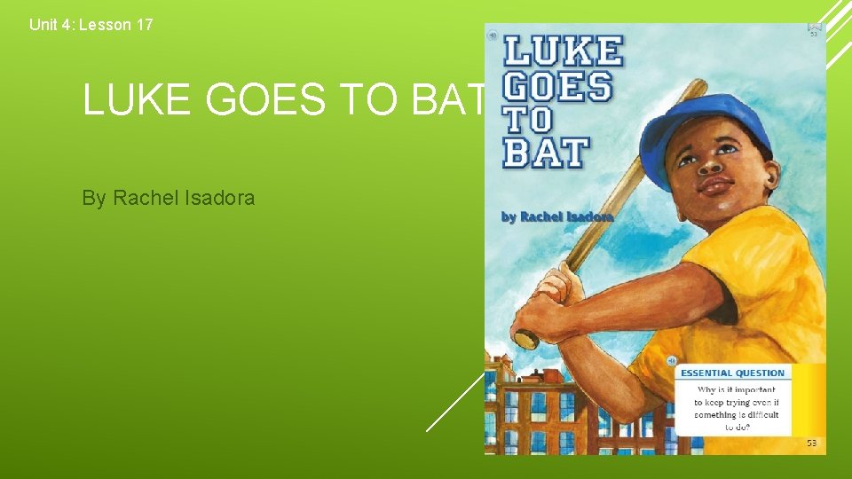 Unit 4: Lesson 17 LUKE GOES TO BAT By Rachel Isadora 