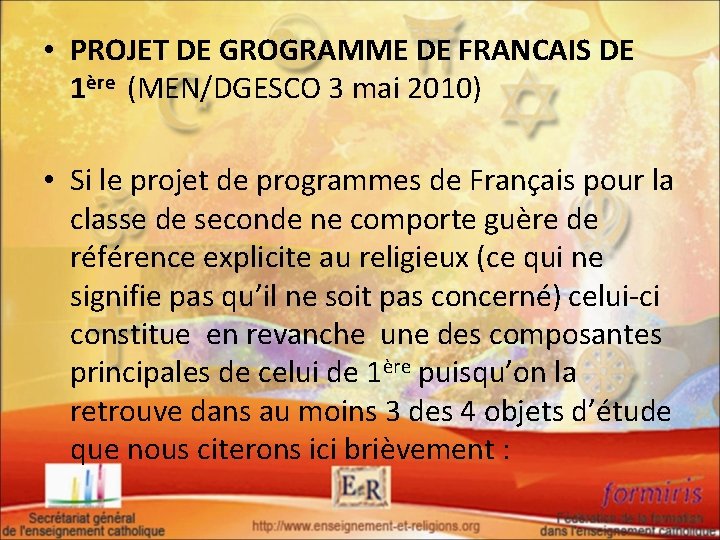  • PROJET DE GROGRAMME DE FRANCAIS DE 1ère (MEN/DGESCO 3 mai 2010) •