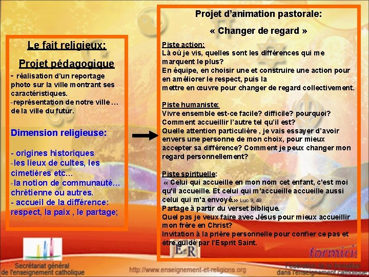 Projet d’animation pastorale: « Changer de regard » Le fait religieux: Projet pédagogique -