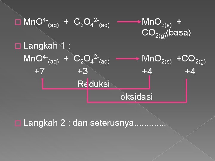 � Mn. O 4 (aq) + C 2 O 42 (aq) Mn. O 2(s)