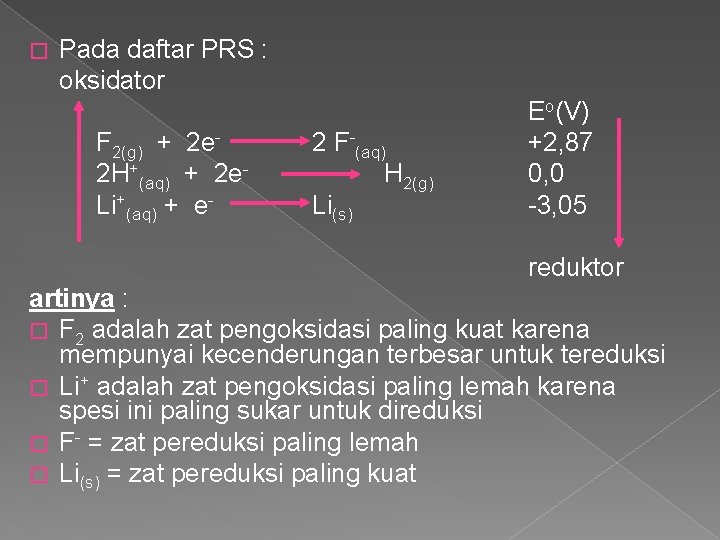 � Pada daftar PRS : oksidator F 2(g) + 2 e 2 H+(aq) +