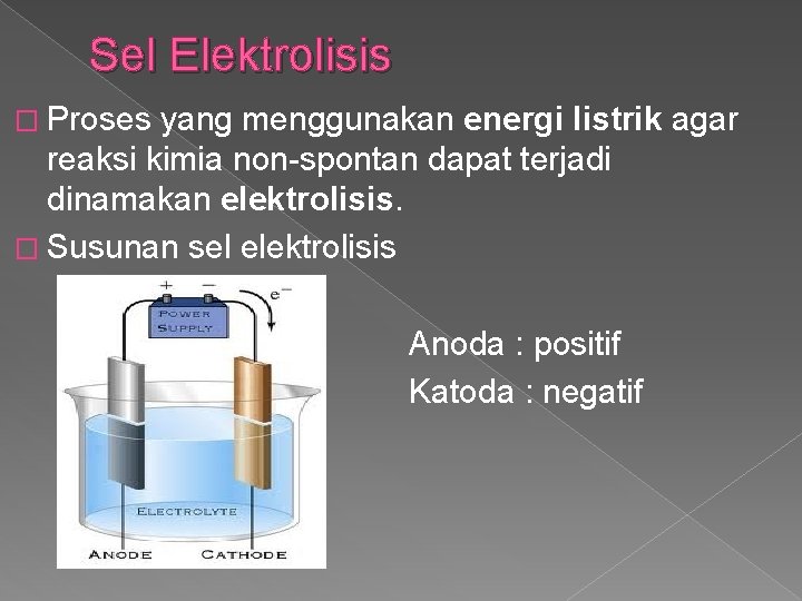 Sel Elektrolisis � Proses yang menggunakan energi listrik agar reaksi kimia non spontan dapat