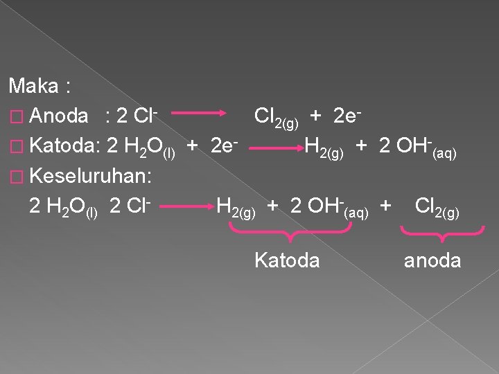Maka : � Anoda : 2 Cl 2(g) + 2 e � Katoda: 2