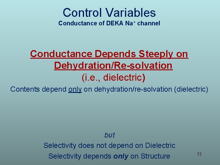 Control Variables Conductance of DEKA Na+ channel Conductance Depends Steeply on Dehydration/Re-solvation (i. e.