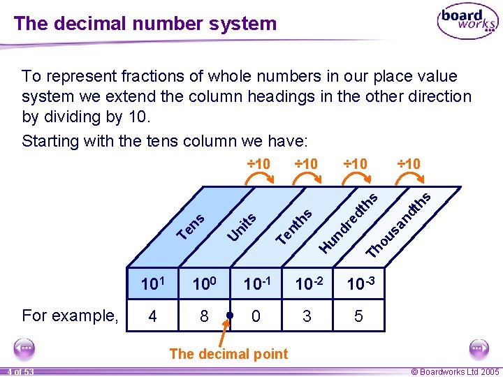 The decimal number system To represent fractions of whole numbers in our place value