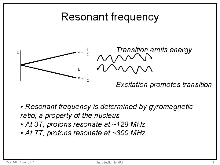 Resonant frequency Transition emits energy E B Excitation promotes transition • Resonant frequency is