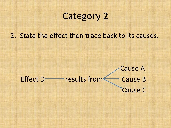 Category 2 2. State the effect then trace back to its causes. Effect D