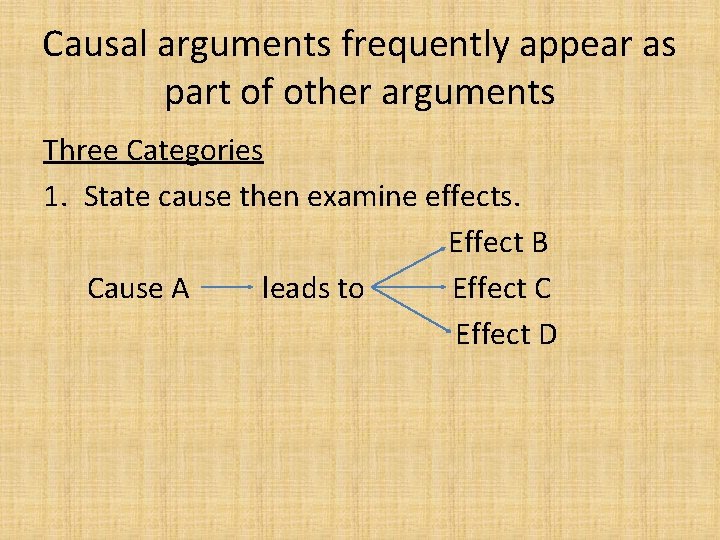 Causal arguments frequently appear as part of other arguments Three Categories 1. State cause