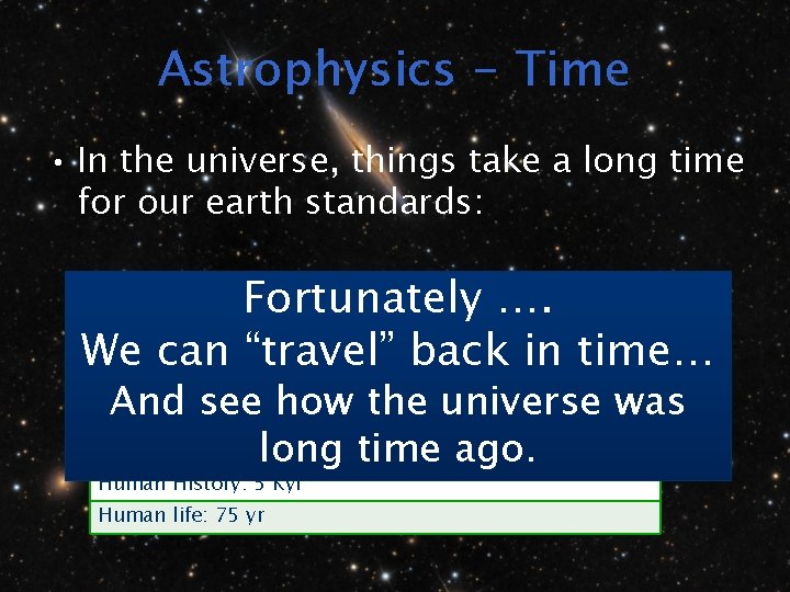 Astrophysics - Time • In the universe, things take a long time for our